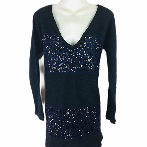 FREE PEOPLE Tunic Top knit sequin black navy Whimsy Goth Grunge Disco Sz Small - Picture 2 of 9